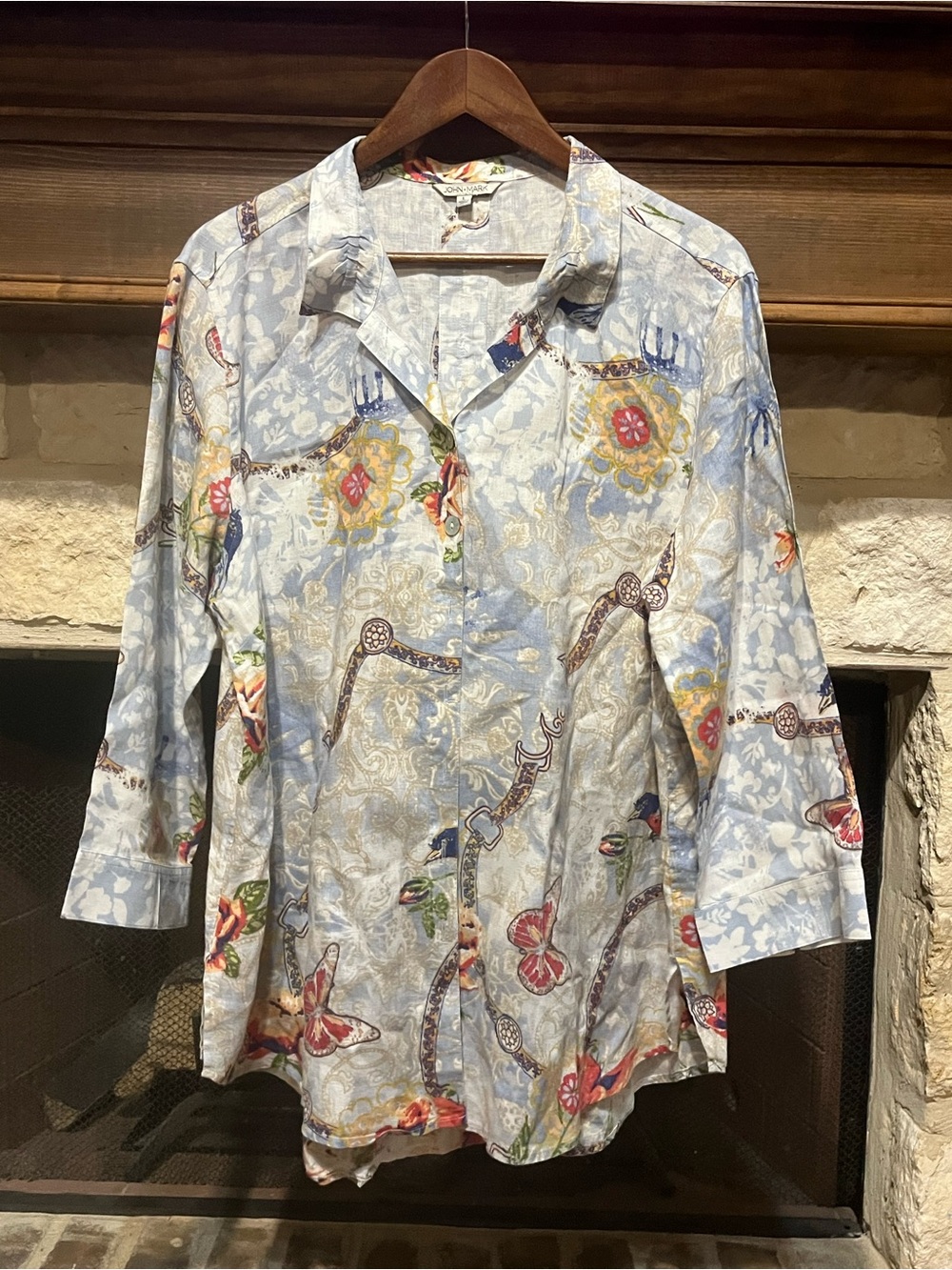 John Mark Linen Butterfly Floral Tunic Blouse Size L
